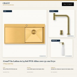 Crauf Via Lattea 6174 Sol PVD Altın 100×51 cm Evye + Lusso 4030 Batarya + Aynı Renk Sabunluk | 3 Parça Soft Flex