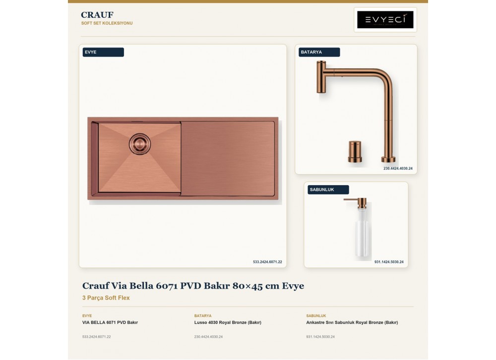 Crauf Via Bella 6071 PVD Bakır 80×45 cm Evye + Lusso 4030 Batarya + Aynı Renk Sabunluk | 3 Parça Soft Flex Crauf Via Bella 6071 PVD Bakır 80×45 cm Evye + Lusso 4030 Batarya + Aynı Renk Sabunluk | 3 Parça Soft Flex