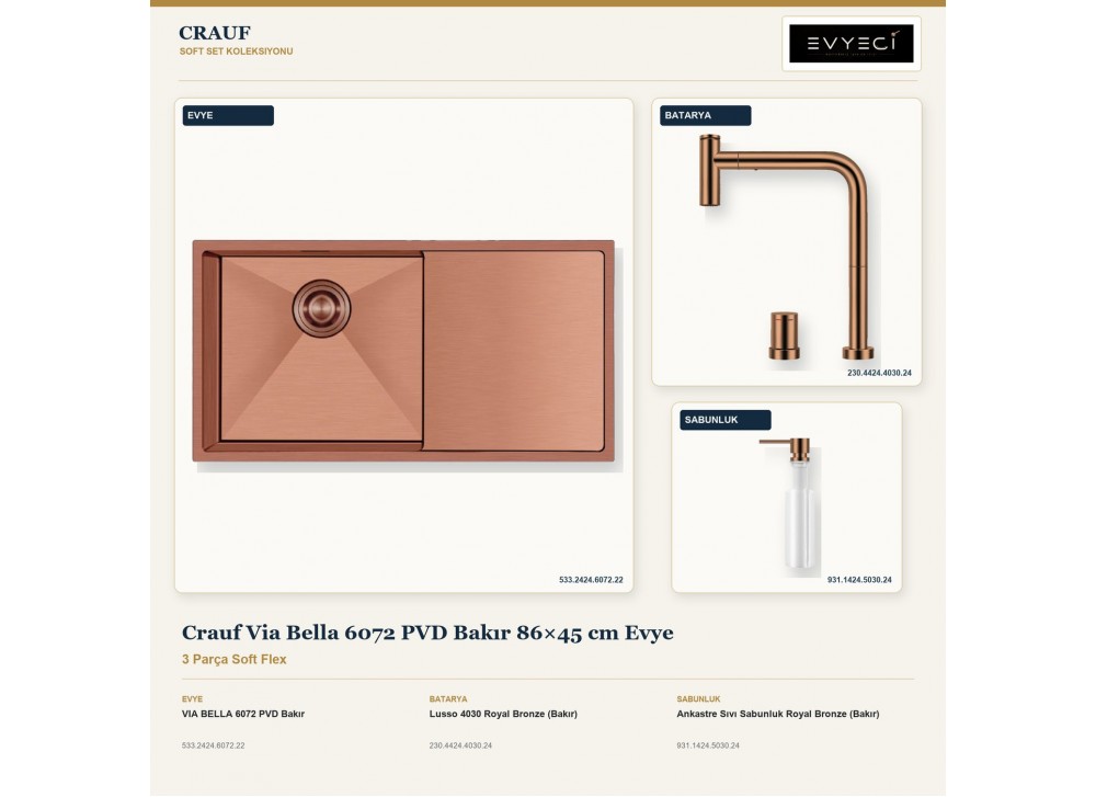 Crauf Via Bella 6072 PVD Bakır 86×45 cm Evye + Lusso 4030 Batarya + Aynı Renk Sabunluk | 3 Parça Soft Flex Crauf Via Bella 6072 PVD Bakır 86×45 cm Evye + Lusso 4030 Batarya + Aynı Renk Sabunluk | 3 Parça Soft Flex