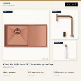 Crauf Via Bella 6072 PVD Bakır 86×45 cm Evye + Lusso 4030 Batarya + Aynı Renk Sabunluk | 3 Parça Soft Flex