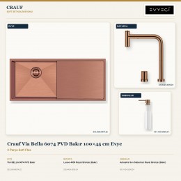 Crauf Via Bella 6074 PVD Bakır 100×45 cm Evye + Lusso 4030 Batarya + Aynı Renk Sabunluk | 3 Parça Soft Flex