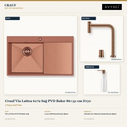 Crauf Via Lattea 6172 Sağ PVD Bakır 86×51 cm Evye + Lusso 4030 Batarya + Aynı Renk Sabunluk | 3 Parça Soft Flex