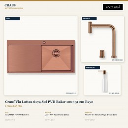Crauf Via Lattea 6174 Sol PVD Bakır 100×51 cm Evye + Lusso 4030 Batarya + Aynı Renk Sabunluk | 3 Parça Soft Flex