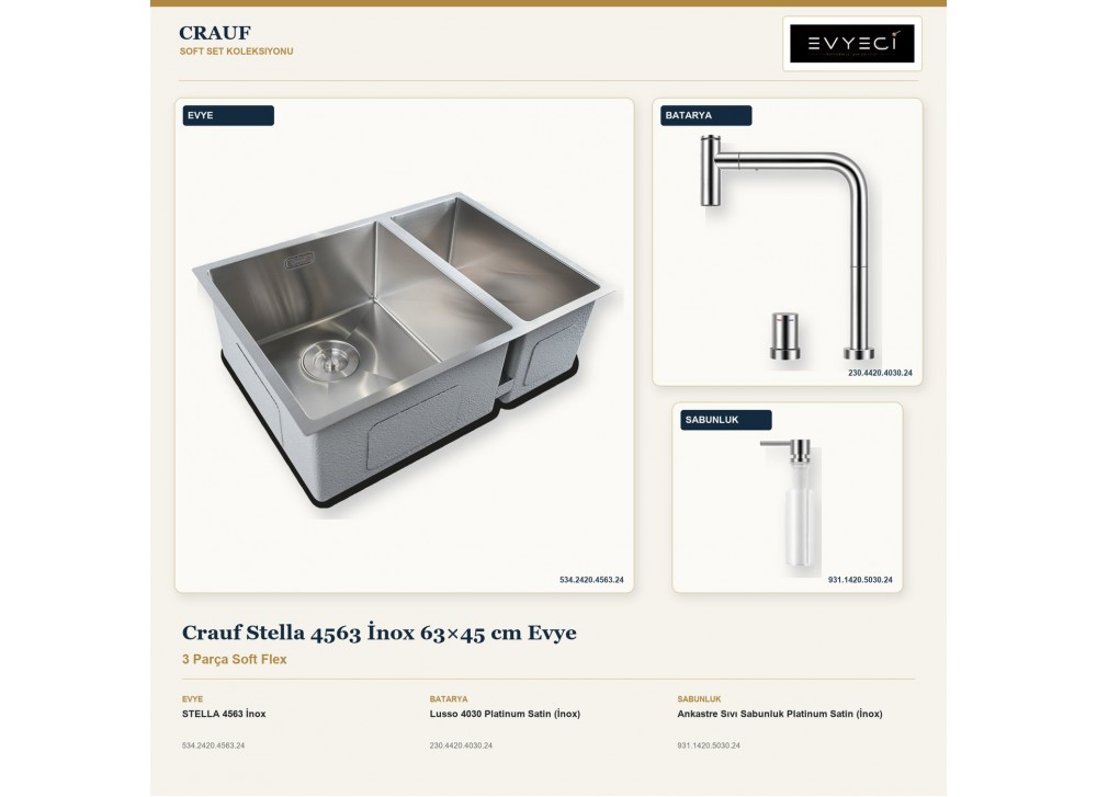 Crauf Stella 4563 İnox 63×45 cm Evye + Lusso 4030 Batarya + Aynı Renk Sabunluk | 3 Parça Soft Flex Crauf Stella 4563 İnox 63×45 cm Evye + Lusso 4030 Batarya + Aynı Renk Sabunluk | 3 Parça Soft Flex