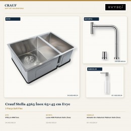 Crauf Stella 4563 İnox 63×45 cm Evye + Lusso 4030 Batarya + Aynı Renk Sabunluk | 3 Parça Soft Flex