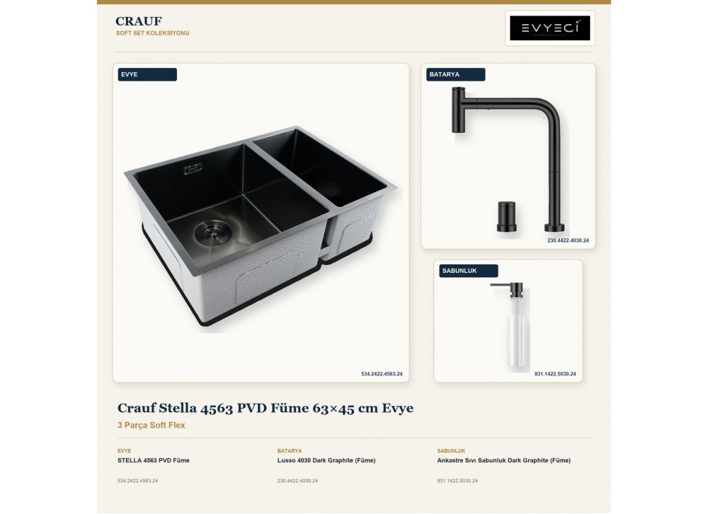 Crauf Stella 4563 PVD Füme 63×45 cm Evye + Lusso 4030 Batarya + Aynı Renk Sabunluk | 3 Parça Soft Flex Crauf Stella 4563 PVD Füme 63×45 cm Evye + Lusso 4030 Batarya + Aynı Renk Sabunluk | 3 Parça Soft Flex