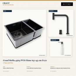 Crauf Stella 4563 PVD Füme 63×45 cm Evye + Lusso 4030 Batarya + Aynı Renk Sabunluk | 3 Parça Soft Flex