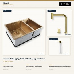 Crauf Stella 4563 PVD Altın 63×45 cm Evye + Lusso 4030 Batarya + Aynı Renk Sabunluk | 3 Parça Soft Flex