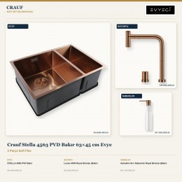 Crauf Stella 4563 PVD Bakır 63×45 cm Evye + Lusso 4030 Batarya + Aynı Renk Sabunluk | 3 Parça Soft Flex