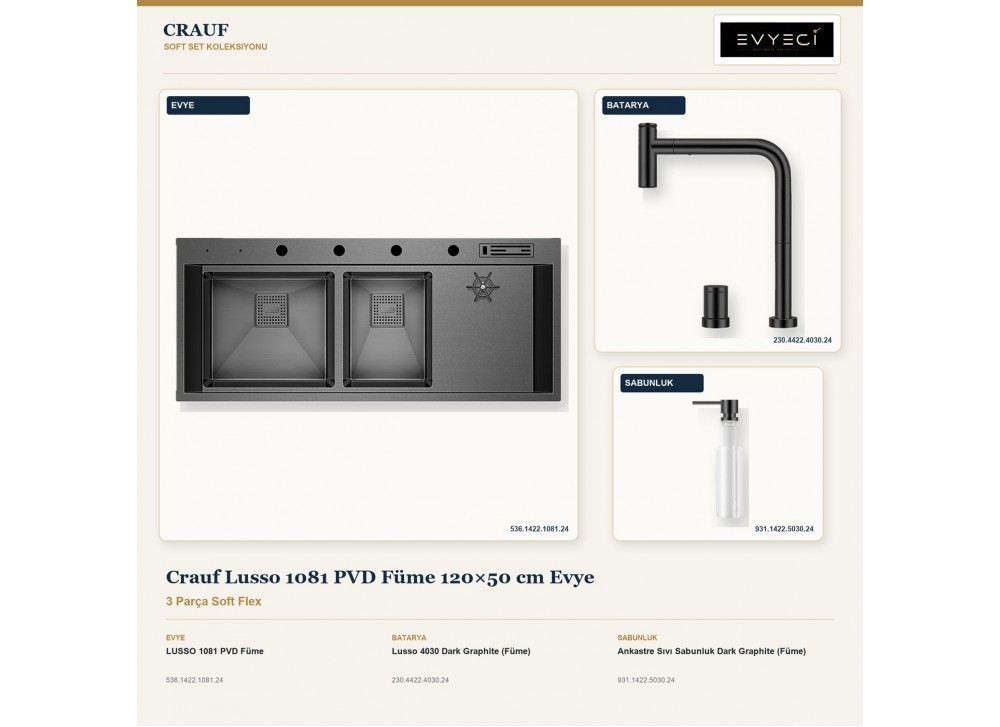 Crauf Lusso 1081 PVD Füme 120×50 cm Evye + Lusso 4030 Batarya + Aynı Renk Sabunluk | 3 Parça Soft Flex Crauf Lusso 1081 PVD Füme 120×50 cm Evye + Lusso 4030 Batarya + Aynı Renk Sabunluk | 3 Parça Soft Flex