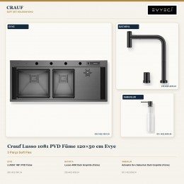 Crauf Lusso 1081 PVD Füme 120×50 cm Evye + Lusso 4030 Batarya + Aynı Renk Sabunluk | 3 Parça Soft Flex