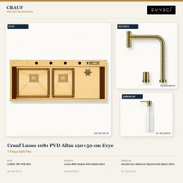 Crauf Lusso 1081 PVD Altın 120×50 cm Evye + Lusso 4030 Batarya + Aynı Renk Sabunluk | 3 Parça Soft Flex