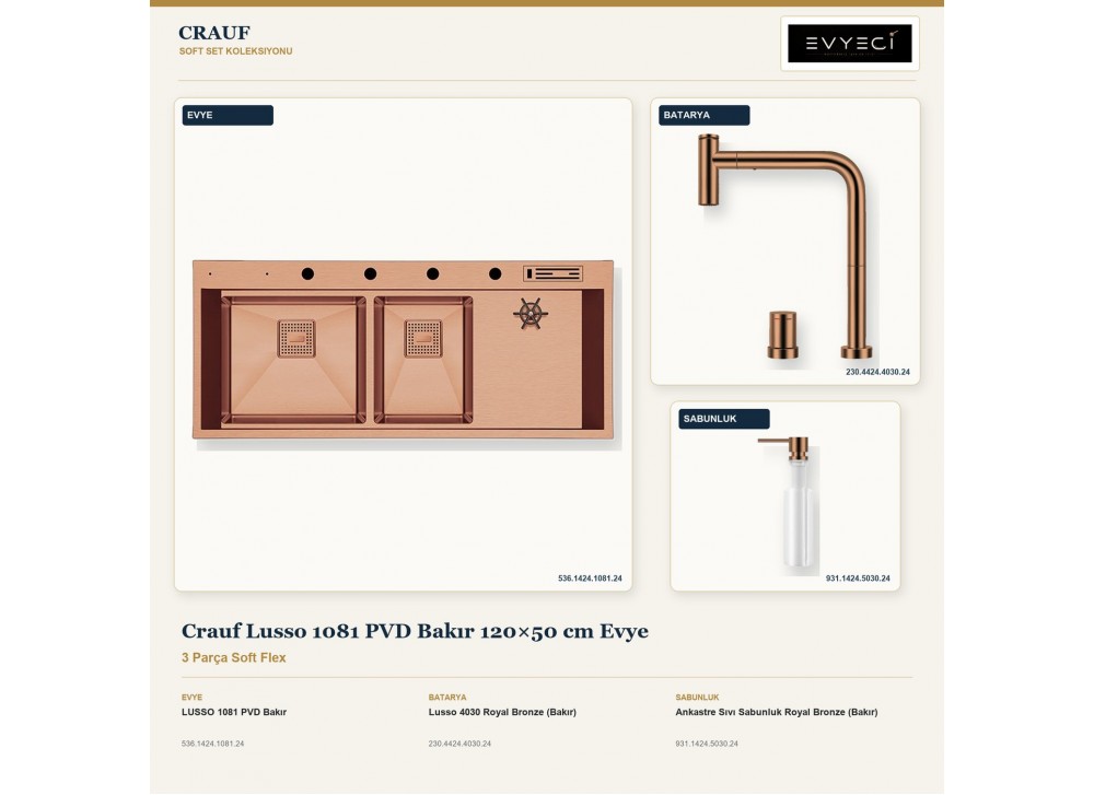 Crauf Lusso 1081 PVD Bakır 120×50 cm Evye + Lusso 4030 Batarya + Aynı Renk Sabunluk | 3 Parça Soft Flex