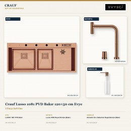 Crauf Lusso 1081 PVD Bakır 120×50 cm Evye + Lusso 4030 Batarya + Aynı Renk Sabunluk | 3 Parça Soft Flex