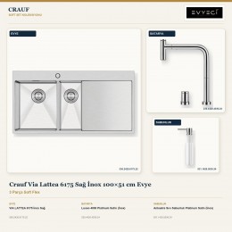 Crauf Via Lattea 6175 Sağ İnox 100×51 cm Evye + Lusso 4030 Batarya + Aynı Renk Sabunluk | 3 Parça Soft Flex