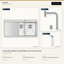 Crauf Via Lattea 6175 Sol İnox 100×51 cm Evye + Lusso 4030 Batarya + Aynı Renk Sabunluk | 3 Parça Soft Flex