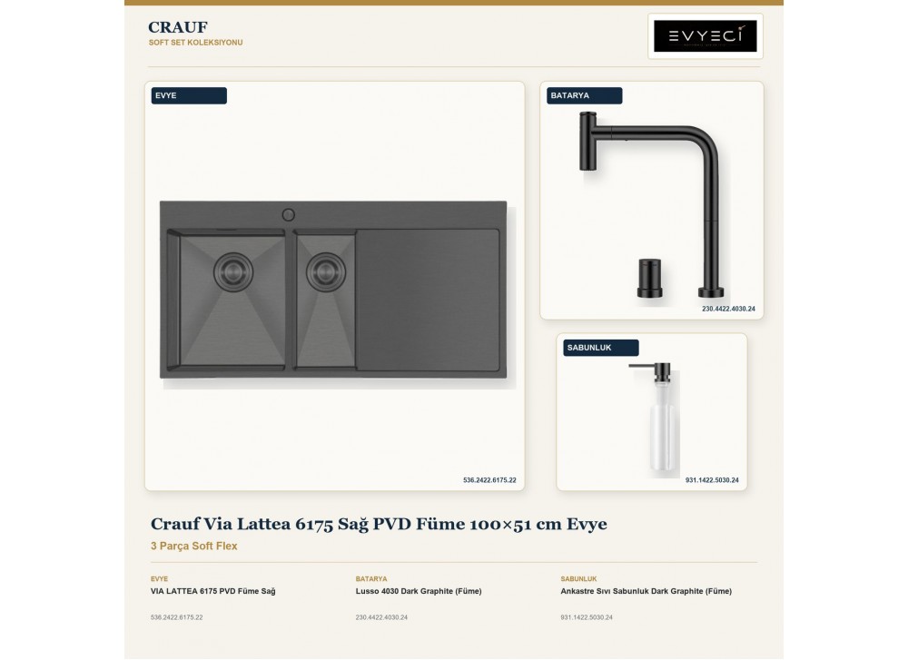 Crauf Via Lattea 6175 Sağ PVD Füme 100×51 cm Evye + Lusso 4030 Batarya + Aynı Renk Sabunluk | 3 Parça Soft Flex Crauf Via Lattea 6175 Sağ PVD Füme 100×51 cm Evye + Lusso 4030 Batarya + Aynı Renk Sabunluk | 3 Parça Soft Flex