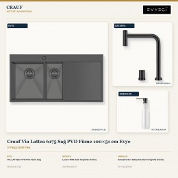 Crauf Via Lattea 6175 Sağ PVD Füme 100×51 cm Evye + Lusso 4030 Batarya + Aynı Renk Sabunluk | 3 Parça Soft Flex