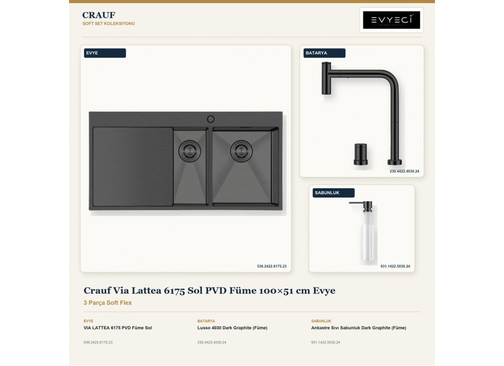 Crauf Via Lattea 6175 Sol PVD Füme 100×51 cm Evye + Lusso 4030 Batarya + Aynı Renk Sabunluk | 3 Parça Soft Flex Crauf Via Lattea 6175 Sol PVD Füme 100×51 cm Evye + Lusso 4030 Batarya + Aynı Renk Sabunluk | 3 Parça Soft Flex