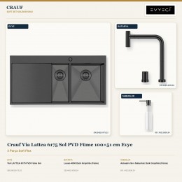 Crauf Via Lattea 6175 Sol PVD Füme 100×51 cm Evye + Lusso 4030 Batarya + Aynı Renk Sabunluk | 3 Parça Soft Flex