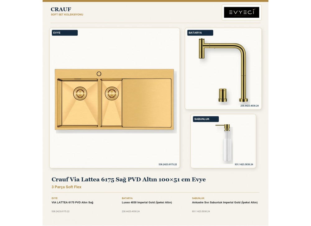 Crauf Via Lattea 6175 Sağ PVD Altın 100×51 cm Evye + Lusso 4030 Batarya + Aynı Renk Sabunluk | 3 Parça Soft Flex Crauf Via Lattea 6175 Sağ PVD Altın 100×51 cm Evye + Lusso 4030 Batarya + Aynı Renk Sabunluk | 3 Parça Soft Flex