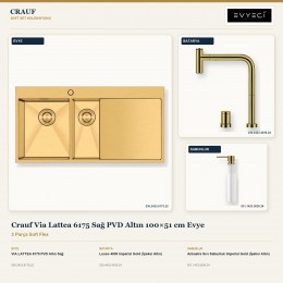Crauf Via Lattea 6175 Sağ PVD Altın 100×51 cm Evye + Lusso 4030 Batarya + Aynı Renk Sabunluk | 3 Parça Soft Flex