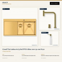Crauf Via Lattea 6175 Sol PVD Altın 100×51 cm Evye + Lusso 4030 Batarya + Aynı Renk Sabunluk | 3 Parça Soft Flex