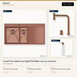 Crauf Via Lattea 6175 Sağ PVD Bakır 100×51 cm Evye + Lusso 4030 Batarya + Aynı Renk Sabunluk | 3 Parça Soft Flex