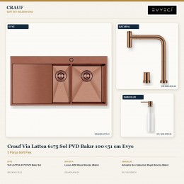 Crauf Via Lattea 6175 Sol PVD Bakır 100×51 cm Evye + Lusso 4030 Batarya + Aynı Renk Sabunluk | 3 Parça Soft Flex