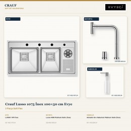 Crauf Lusso 1075 İnox 100×50 cm Evye + Lusso 4030 Batarya + Aynı Renk Sabunluk | 3 Parça Soft Flex