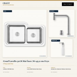 Crauf Lavello 3078 Mat İnox 78×45,2 cm Evye + Lusso 4030 Batarya + Aynı Renk Sabunluk | 3 Parça Soft Flex