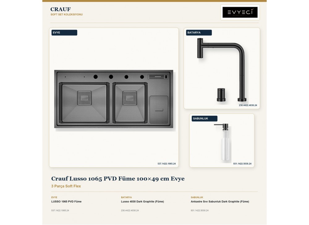 Crauf Lusso 1065 PVD Füme 100×49 cm Evye + Lusso 4030 Batarya + Aynı Renk Sabunluk | 3 Parça Soft Flex Crauf Lusso 1065 PVD Füme 100×49 cm Evye + Lusso 4030 Batarya + Aynı Renk Sabunluk | 3 Parça Soft Flex
