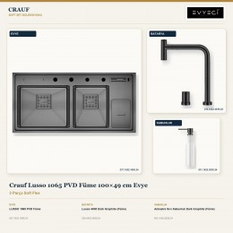 Crauf Lusso 1065 PVD Füme 100×49 cm Evye + Lusso 4030 Batarya + Aynı Renk Sabunluk | 3 Parça Soft Flex