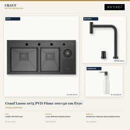Crauf Lusso 1075 PVD Füme 100×50 cm Evye + Lusso 4030 Batarya + Aynı Renk Sabunluk | 3 Parça Soft Flex