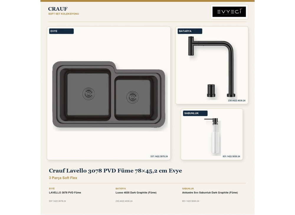 Crauf Lavello 3078 PVD Füme 78×45,2 cm Evye + Lusso 4030 Batarya + Aynı Renk Sabunluk | 3 Parça Soft Flex