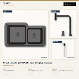 Crauf Lavello 3078 PVD Füme 78×45,2 cm Evye + Lusso 4030 Batarya + Aynı Renk Sabunluk | 3 Parça Soft Flex