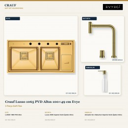 Crauf Lusso 1065 PVD Altın 100×49 cm Evye + Lusso 4030 Batarya + Aynı Renk Sabunluk | 3 Parça Soft Flex