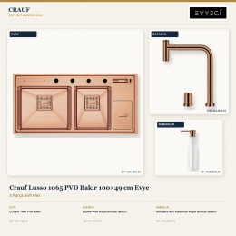 Crauf Lusso 1065 PVD Bakır 100×49 cm Evye + Lusso 4030 Batarya + Aynı Renk Sabunluk | 3 Parça Soft Flex