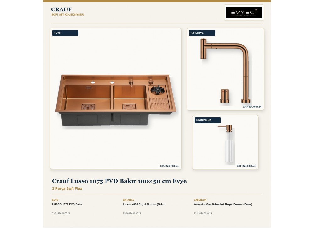 Crauf Lusso 1075 PVD Bakır 100×50 cm Evye + Lusso 4030 Batarya + Aynı Renk Sabunluk | 3 Parça Soft Flex Crauf Lusso 1075 PVD Bakır 100×50 cm Evye + Lusso 4030 Batarya + Aynı Renk Sabunluk | 3 Parça Soft Flex