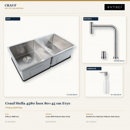 Crauf Stella 4580 İnox 80×45 cm Evye + Lusso 4030 Batarya + Aynı Renk Sabunluk | 3 Parça Soft Flex
