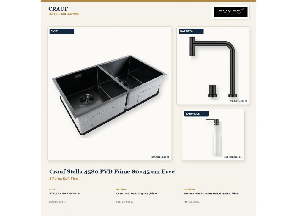 Crauf Stella 4580 PVD Füme 80×45 cm Evye + Lusso 4030 Batarya + Aynı Renk Sabunluk | 3 Parça Soft Flex Crauf Stella 4580 PVD Füme 80×45 cm Evye + Lusso 4030 Batarya + Aynı Renk Sabunluk | 3 Parça Soft Flex