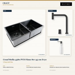 Crauf Stella 4580 PVD Füme 80×45 cm Evye + Lusso 4030 Batarya + Aynı Renk Sabunluk | 3 Parça Soft Flex