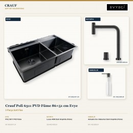 Crauf Poli 6311 PVD Füme 86×51 cm Evye + Lusso 4030 Batarya + Aynı Renk Sabunluk | 3 Parça Soft Flex