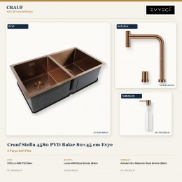 Crauf Stella 4580 PVD Bakır 80×45 cm Evye + Lusso 4030 Batarya + Aynı Renk Sabunluk | 3 Parça Soft Flex