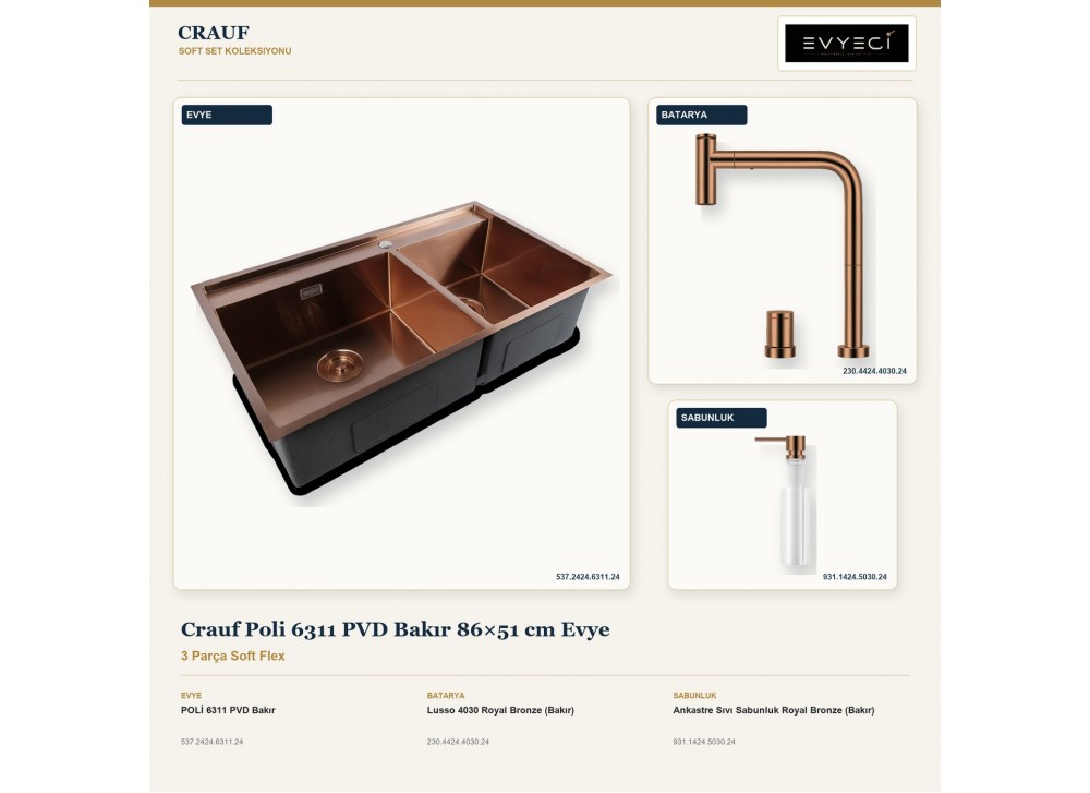 Crauf Poli 6311 PVD Bakır 86×51 cm Evye + Lusso 4030 Batarya + Aynı Renk Sabunluk | 3 Parça Soft Flex Crauf Poli 6311 PVD Bakır 86×51 cm Evye + Lusso 4030 Batarya + Aynı Renk Sabunluk | 3 Parça Soft Flex