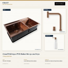Crauf Poli 6311 PVD Bakır 86×51 cm Evye + Lusso 4030 Batarya + Aynı Renk Sabunluk | 3 Parça Soft Flex