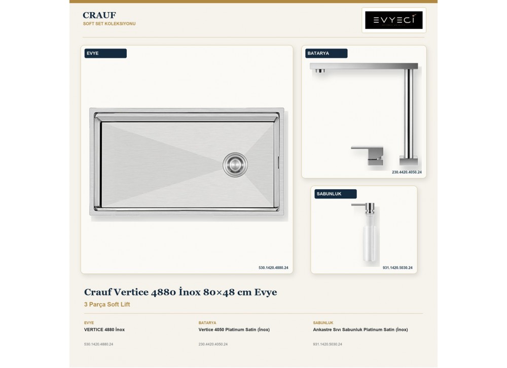 Crauf Vertice 4880 İnox 80×48 cm Evye + Vertice 4050 Batarya + Aynı Renk Sabunluk | 3 Parça Soft Lift Crauf Vertice 4880 İnox 80×48 cm Evye + Vertice 4050 Batarya + Aynı Renk Sabunluk | 3 Parça Soft Lift