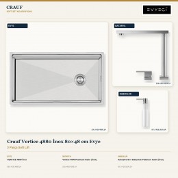Crauf Vertice 4880 İnox 80×48 cm Evye + Vertice 4050 Batarya + Aynı Renk Sabunluk | 3 Parça Soft Lift