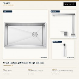 Crauf Vertice 4888 İnox 88×48 cm Evye + Vertice 4050 Batarya + Aynı Renk Sabunluk | 3 Parça Soft Lift
