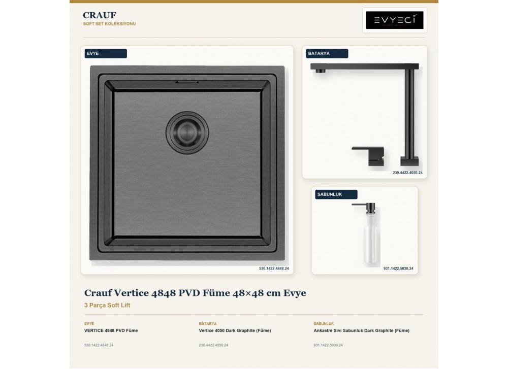Crauf Vertice 4848 PVD Füme 48×48 cm Evye + Vertice 4050 Batarya + Aynı Renk Sabunluk | 3 Parça Soft Lift Crauf Vertice 4848 PVD Füme 48×48 cm Evye + Vertice 4050 Batarya + Aynı Renk Sabunluk | 3 Parça Soft Lift